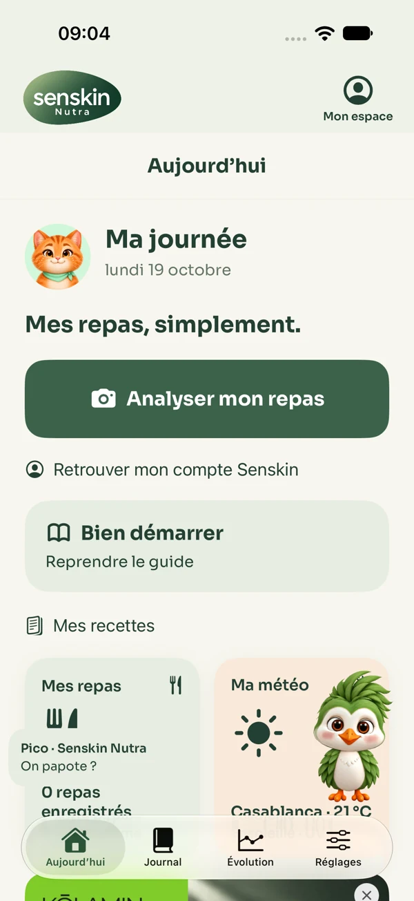 Senskin Nutra · Captures de versions de développement · données fictives · interfaces susceptibles d’évoluer.